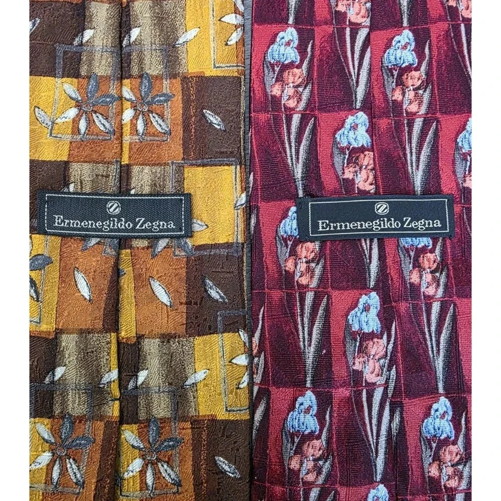 ERMENEGILDO ZEGNA Ties Italy Lot Of 2 Silk‎ Ties Flowers Gold Burgundy Blue